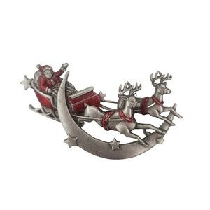 Vtg Santa Sled Reindeer Signed JJ Brooch Silver Tone Red Enamel 2.75 Inches moon